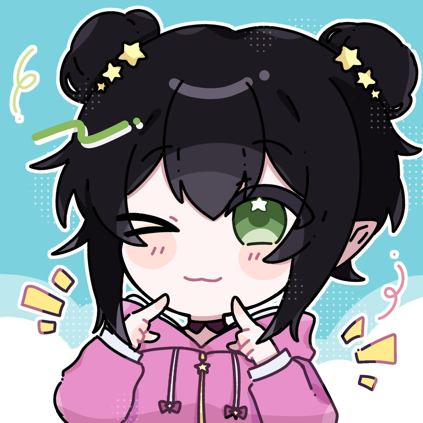 A digital illustration of Astria's VTuber. A fair skinned character with pointed ears, green eyes that has a star highlight, black hair with side swept bangs and put into two low pigtails that have yellow star clips to hold it. She wears a crown of stars.