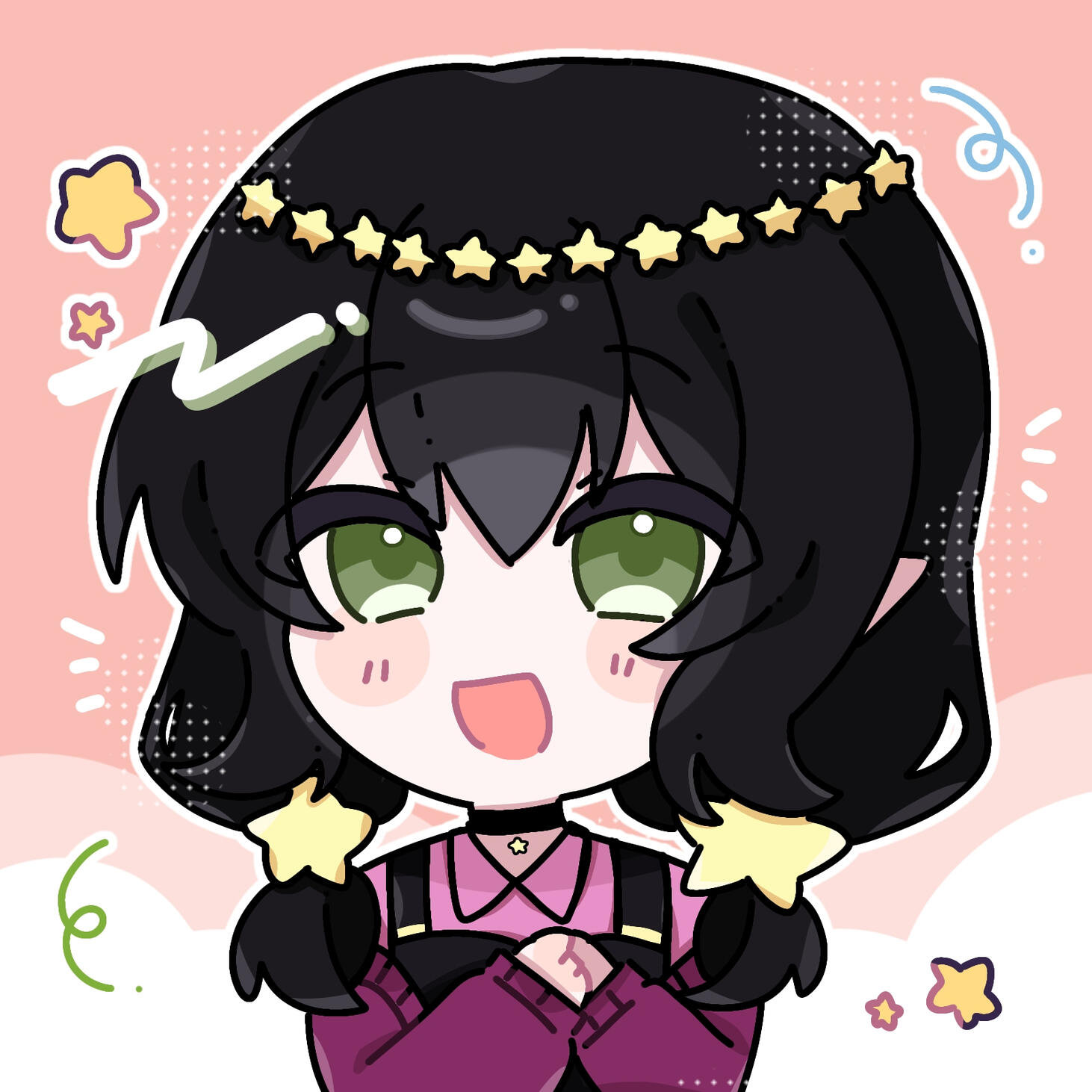 A digital illustration of Astria's VTuber. A fair skinned character with pointed ears, green eyes that has a star highlight, black hair with side swept bangs and put into two low pigtails that have yellow star clips to hold it. She wears a crown of stars.