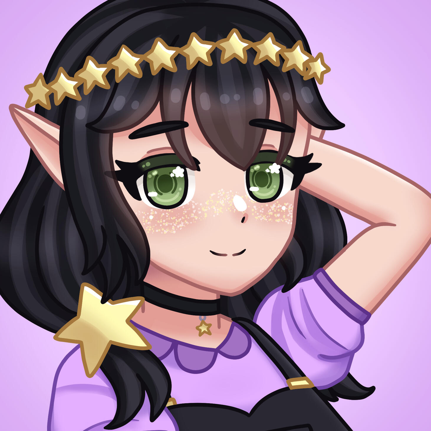 A digital illustration of Ellie's VTuber. A fair skinned character with pointed ears, green eyes that has a star highlight, black hair with side swept bangs and put into two low pigtails that have yellow star clips to hold it. She wears a crown of stars.